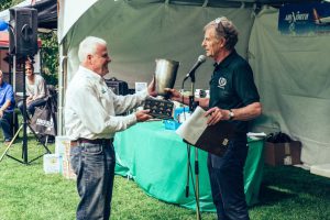 Ian Wood (left) receives the Vancouver ABFM annual Lewie Award from Patrick Stewart for outstanding contribution to the classic car and automotive industry. Photo: Jeremy Stewart.