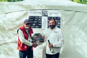 Wayne Dowler (left), British Motorcycles Owners Club, present the 2016 Vancouver ABFM Best Debuting Motorycle Award to Nigel Spaxman for his 1949 Vincent Rapide. Photo: Jeremy Stewart.