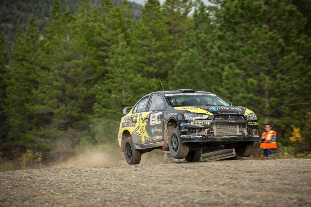 Antoine L'Estage and Craig Parry drive their Mitsubishi Lancer EvoX to victory at the 2013 Pacific Forest Rally. CRC Photo.