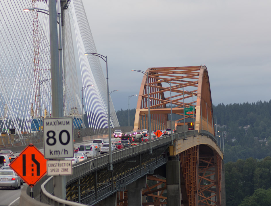 Old and new Port Mann bridges.