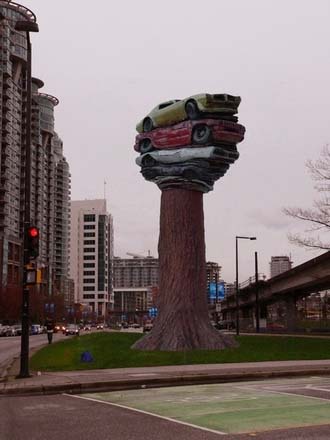 Vancouver artist Marcus Bowcott's "Trans Am Totem" is located at Quebec Street & Milross Avenue in Vancouver.