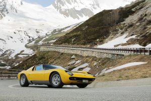 Lamborghini Miura on Passo del Grand San Bernardo, the route used in the film The Italian Job.