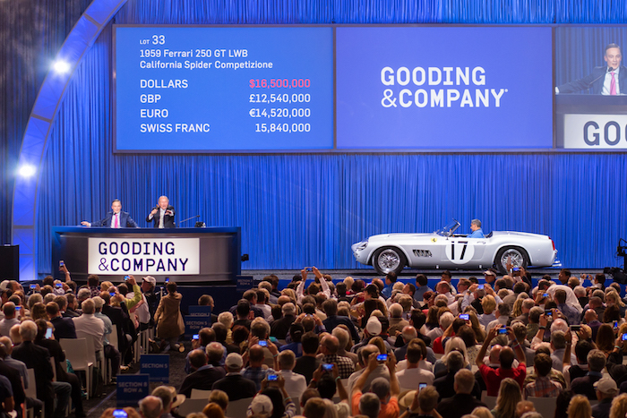 (L-R) David Gooding and Charlie Ross sell the 1959 Ferrari 250 GT LWB California Spider for $18,150,000. 
Image copyright and courtesy of Gooding & Company. Photo by Mike Maez.
