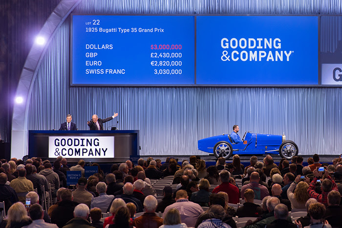 L-R: President David Gooding and auctioneer Charlie Ross sell a 1925 Bugatti Type 35 Grand Prix for a record price of $3,300,000. 
Image copyright and courtesy of Gooding & Company. Photo by Mike Maez.