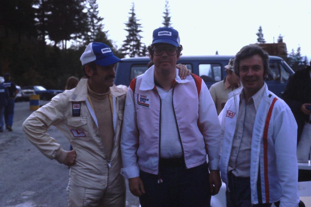 Morris Calvert (far right) at Westwood in 1979 with drivers Bryan Evans and Tom Johnston, who won a national championship in one of Johnston's cars.