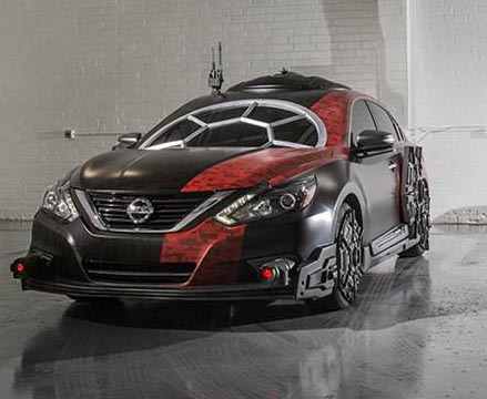 2018 Nissan Altima – Special Forces TIE Fighter: The Special Forces TIE Fighter is recreated using Nissan's best-selling sedan, Altima. The vehicle's stand-out feature is the cockpit window that brings the multi-paned look of the Special Forces TIE fighter to the Altima's windshield. Photo: courtesy Nissan.