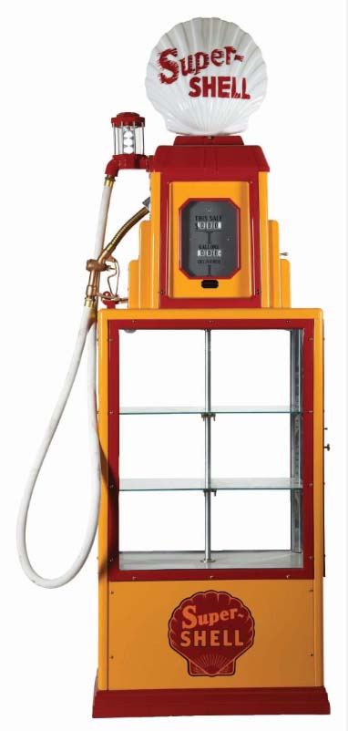 Expertly restored ‘Wayne 50’ illuminating showcase gas pump with Super Shell one-piece cast globe, Shell side decals, and glass shelving. Sold near the top of its estimate range for $17,220