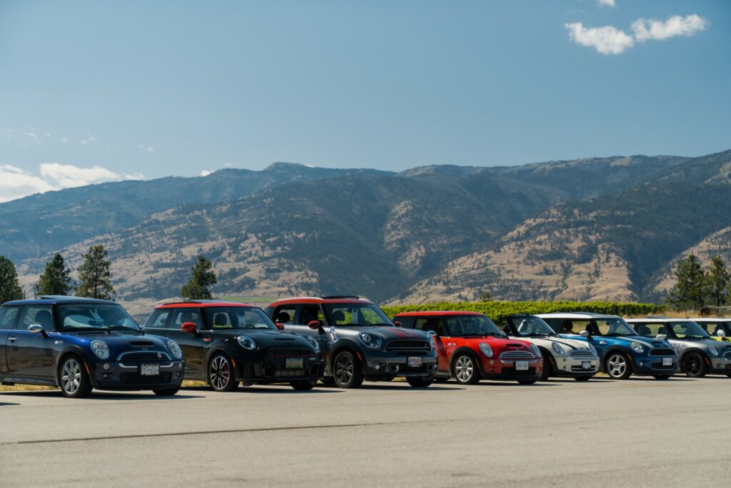 Vehicles on display at Area 27 Motorsport Park for MINI United in British Columbia in 2022. Photo: courtesy MINI Canada.